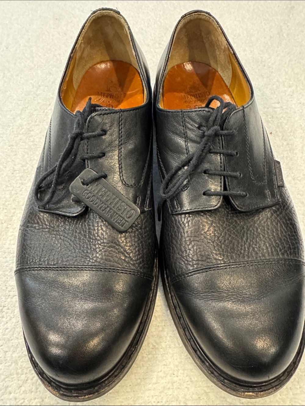 Mephisto Black Leather Cap-Toe Derby Shoes Size 12. Excellent Condition